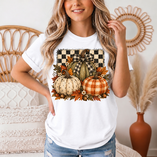 Rustic Fall Pumpkin Trio & Gingham Bow Graphic Tee