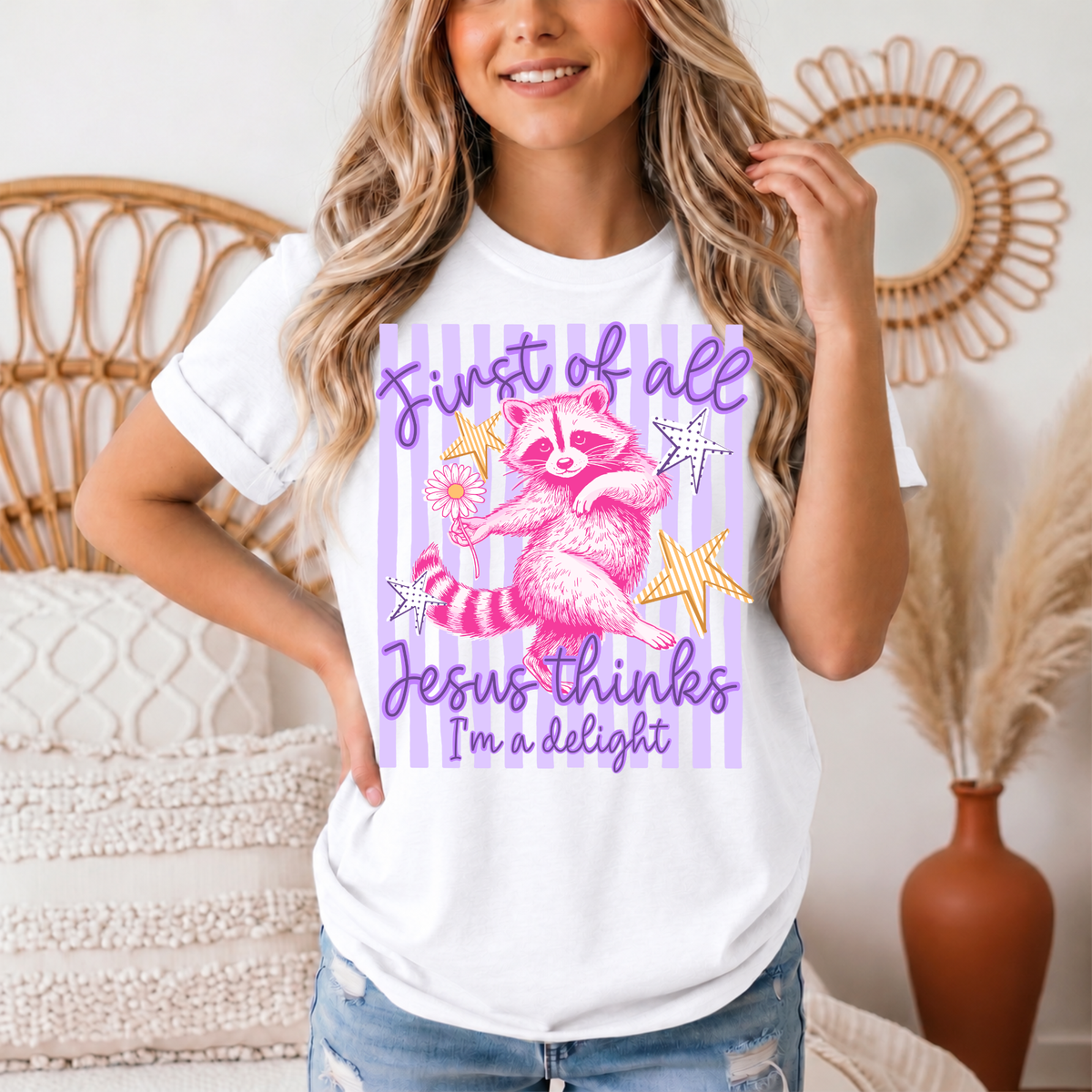Jesus Thinks I'm a Delight Pink Raccoon Graphic Tee