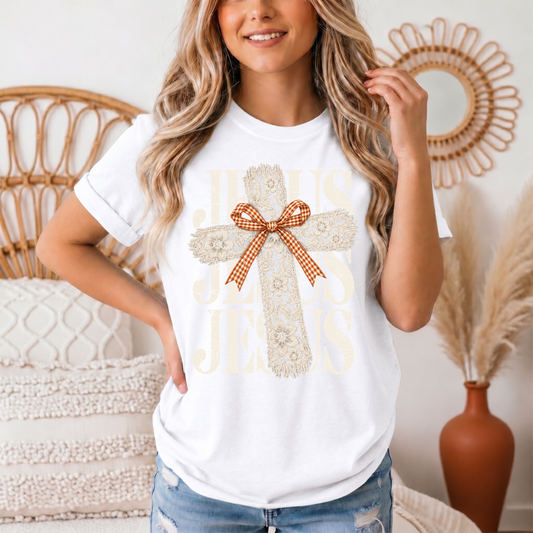 Jesus Lace Cross & Gingham Bow Christian Graphic Tee