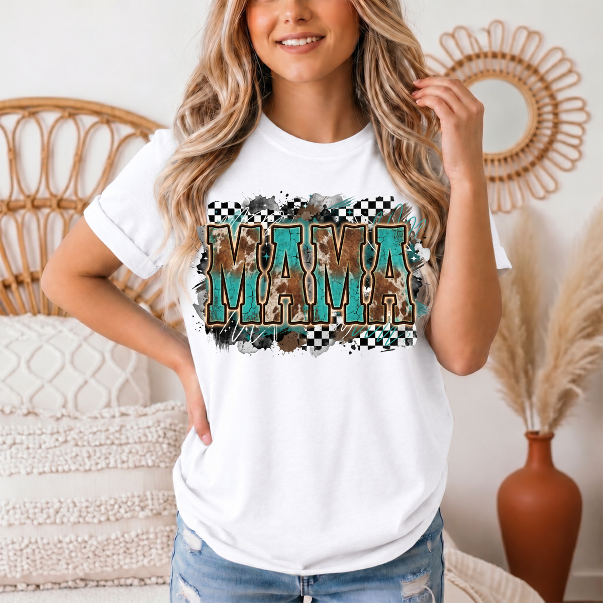 Turquoise & Cow Print Mama Western Graphic Tee