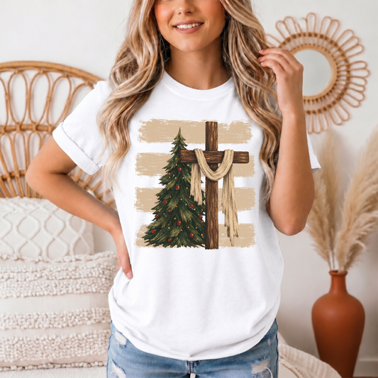 Rustic Cross & Christmas Tree Christian Graphic Tee