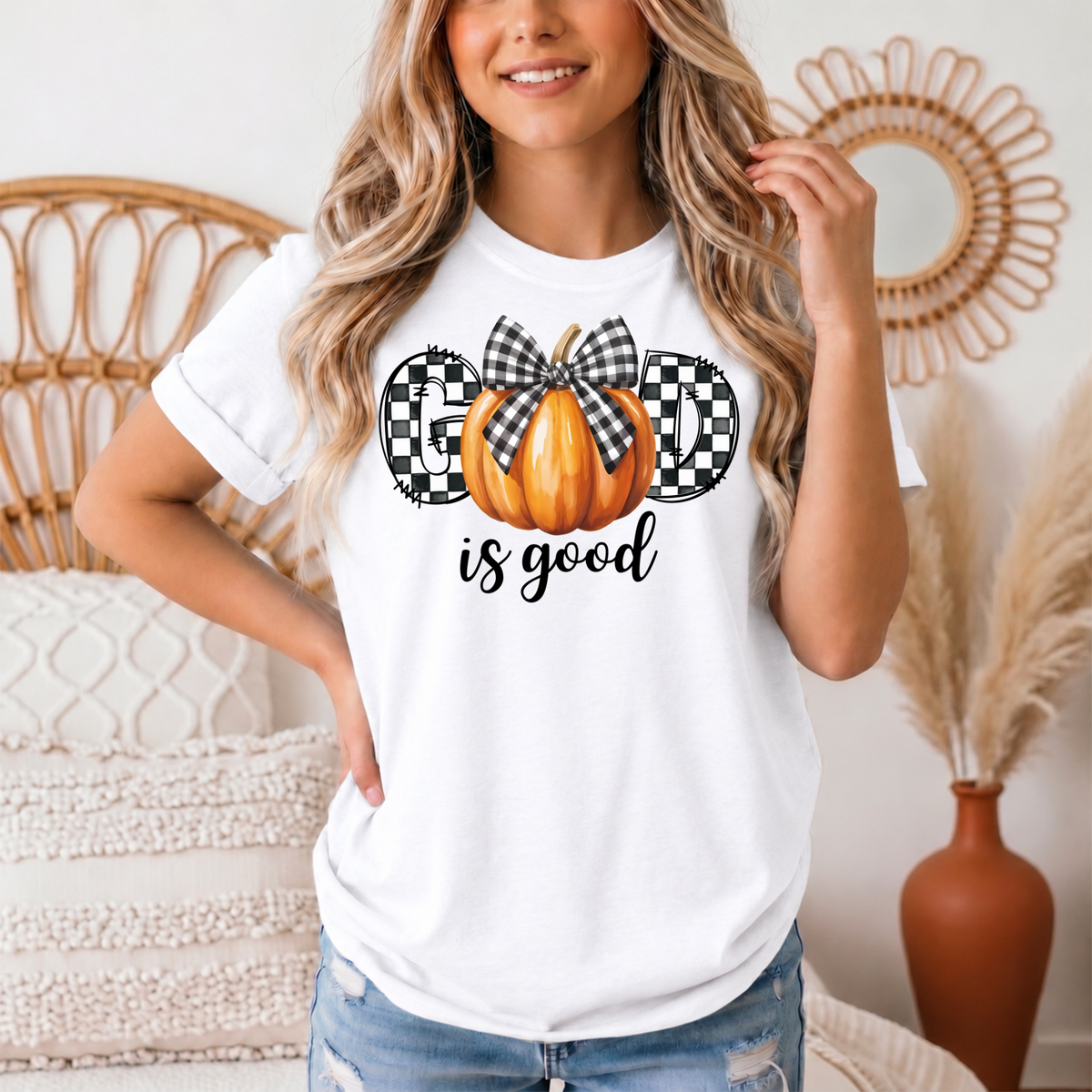 God Is Good Pumpkin & Gingham Bow Graphic Tee
