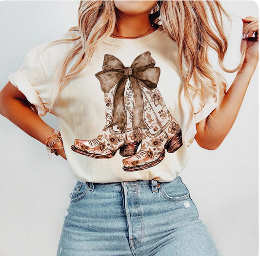 Brown Floral Boots Bow