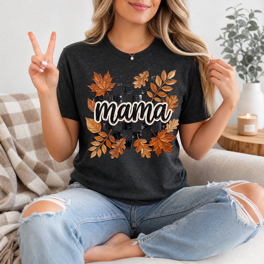 Mama Fall Leaves & Checkerboard Graphic Tee