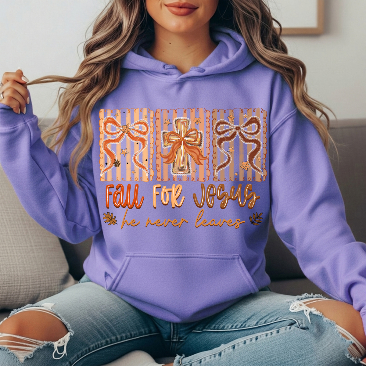 Fall for Jesus He Never Leaves Bow Cross Graphic Hoodie