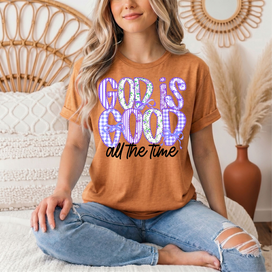 God Is Good All the Time Purple Bow Graphic Tee