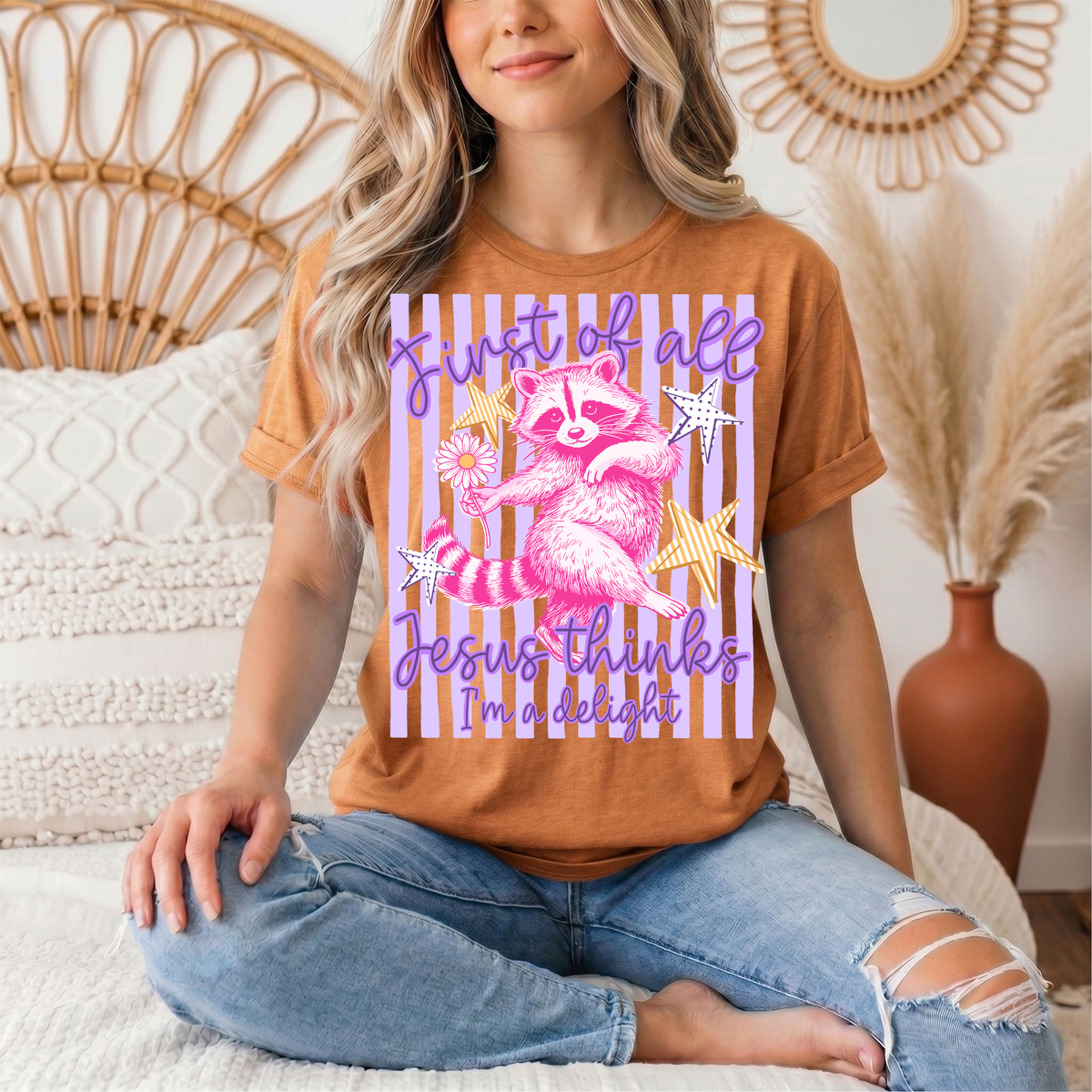 Jesus Thinks I'm a Delight Pink Raccoon Graphic Tee