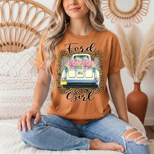 Ford Girl Floral Vintage Truck & Leopard Graphic Tee