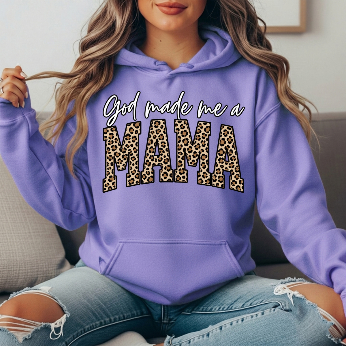 God Made Me a Mama Leopard Print Graphic Hoodie