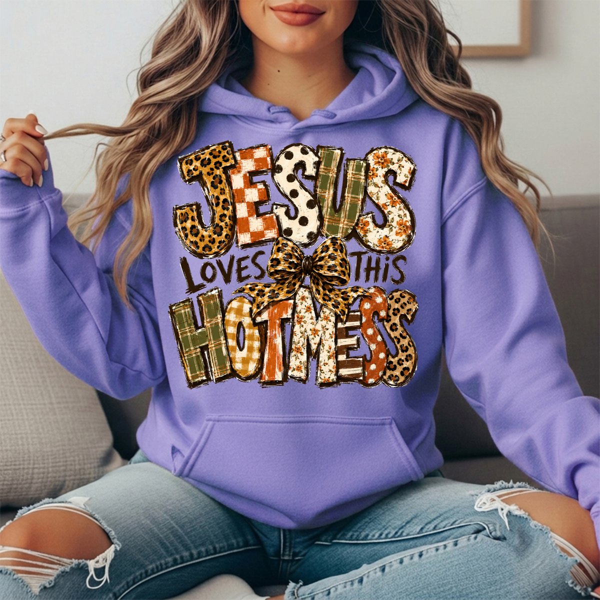 Jesus Loves This Hot Mess Leopard Bow Graphic Hoodie