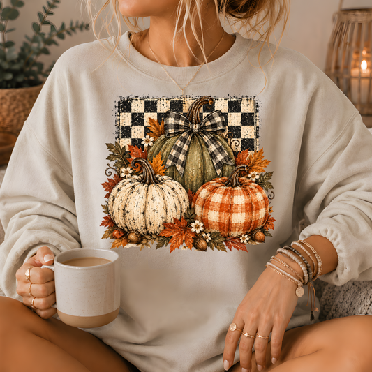Pumpkin Plaid Bow Floral Crewneck Sweatshirt