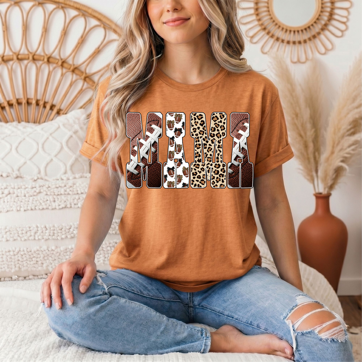 Mama Football & Leopard Mixed Print Graphic Tee