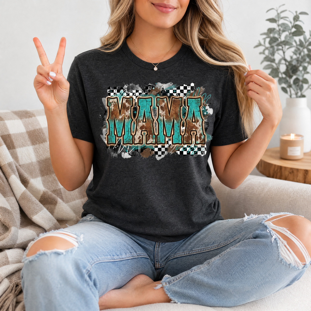 Western Mama Turquoise & Checkerboard Graphic Tee