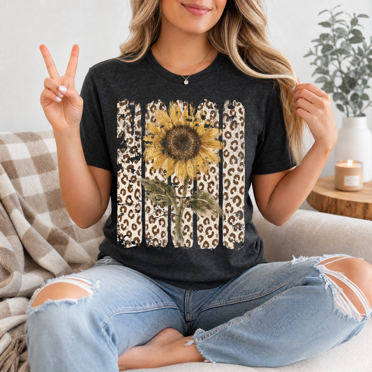 Distressed Sunflower & Leopard Print Graphic Tee