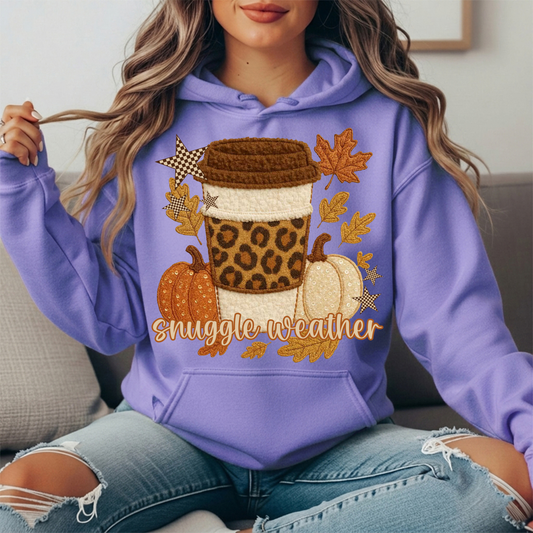 Snuggle Weather Faux Embroidery Coffee Hoodie Sweatshirt