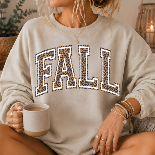 Fall Leopard Print Varsity Crewneck Sweatshirt