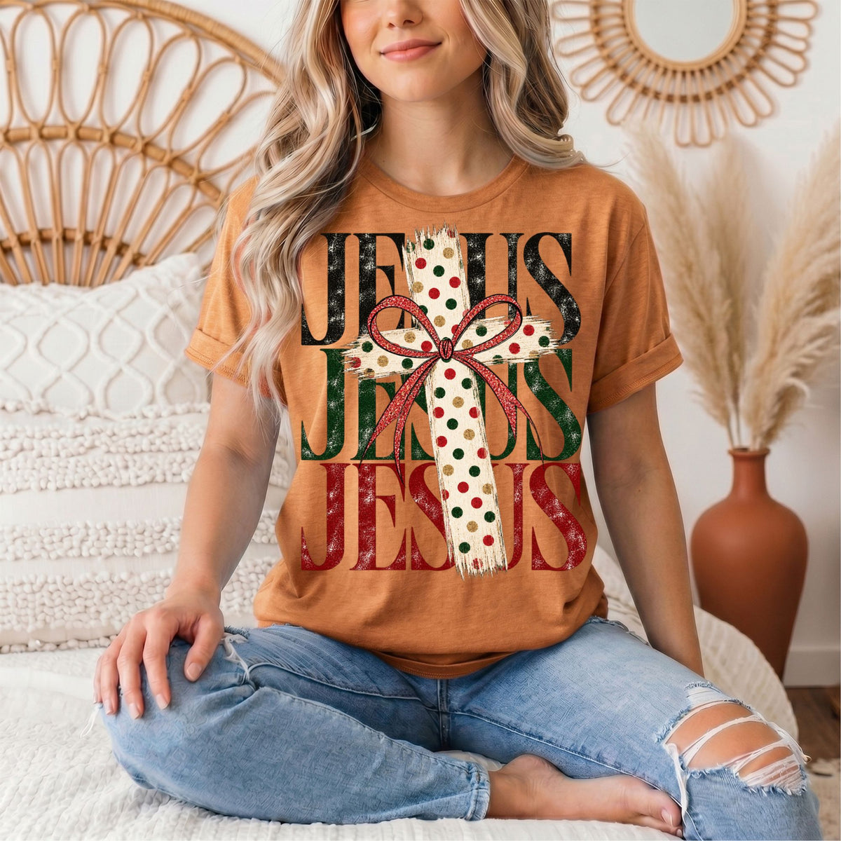 Jesus Christmas Cross & Bow Graphic Tee
