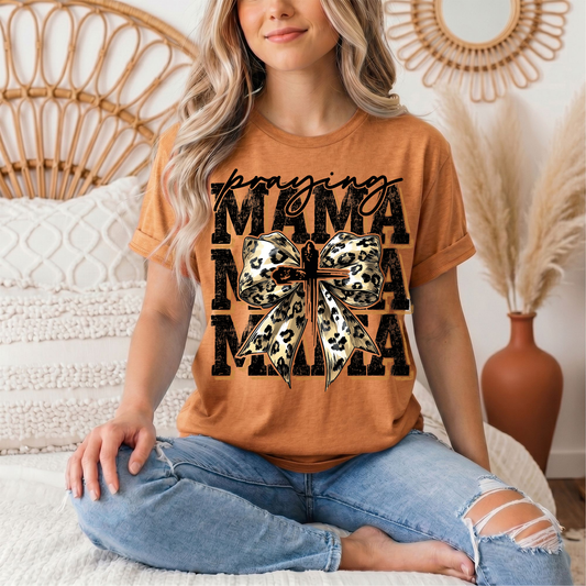 Praying Mama Leopard Bow & Cross Graphic Tee
