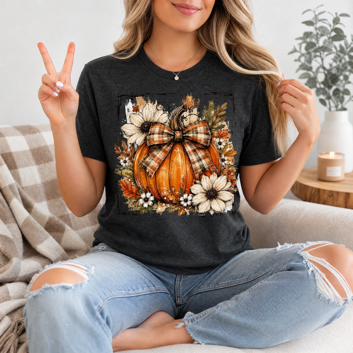 Fall Pumpkin Floral & Plaid Bow Graphic Tee