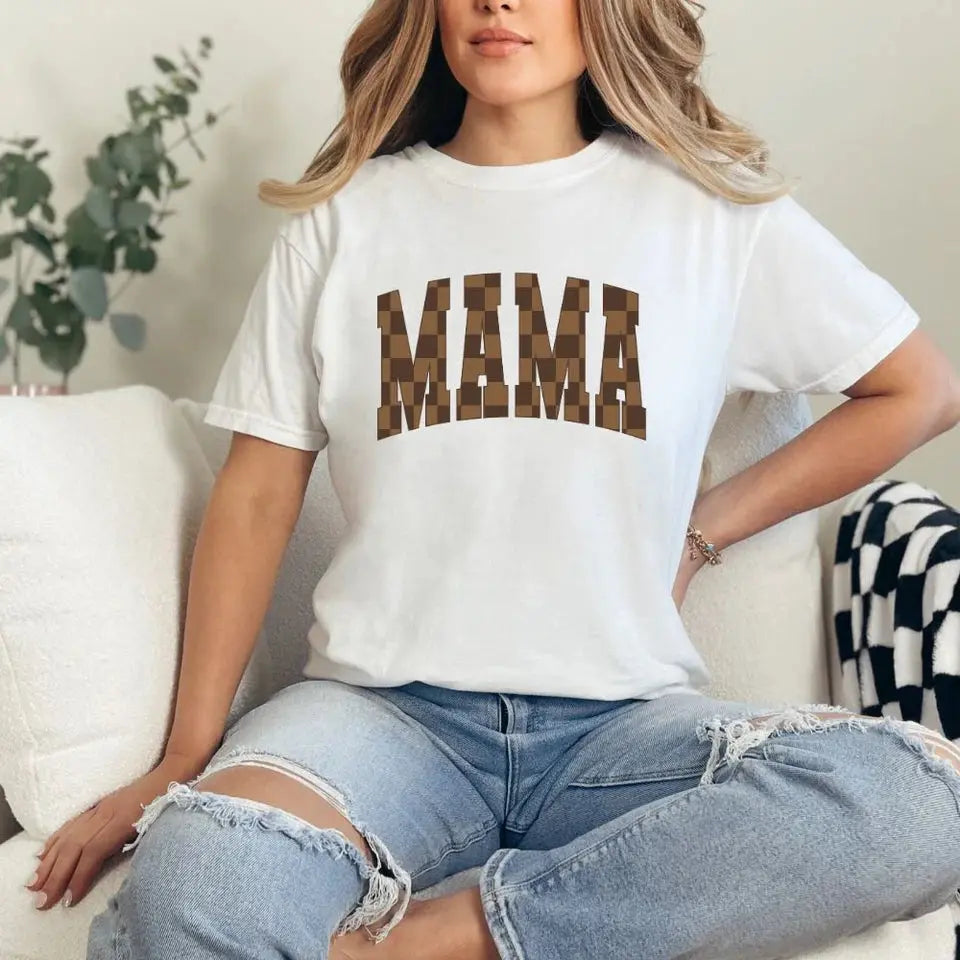 Brown Checkered Mama Graphic T-Shirt K's Krafty Barn