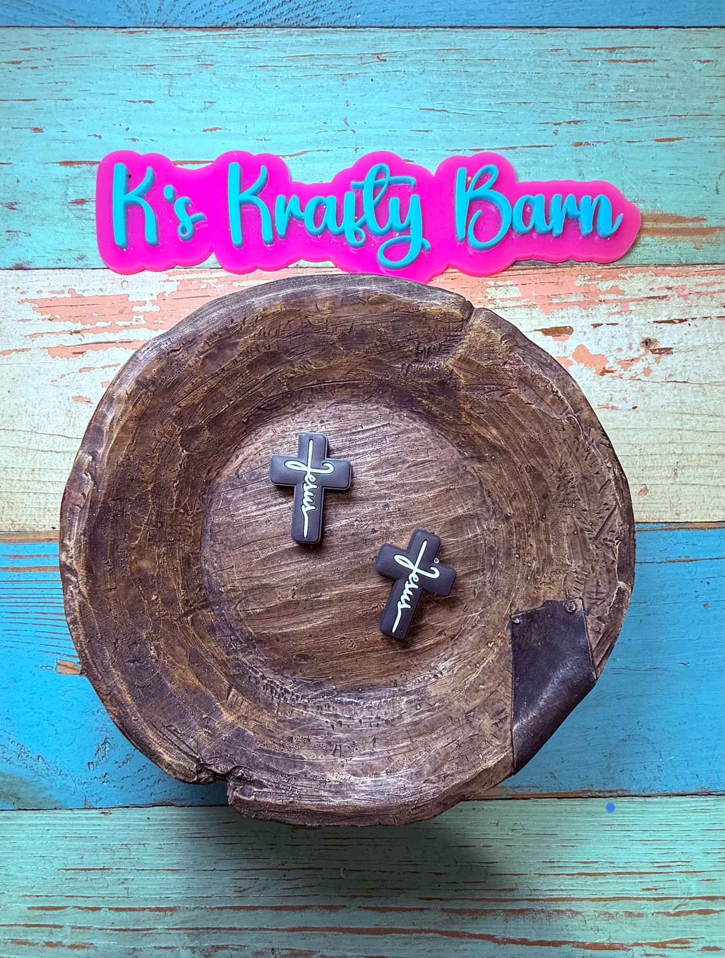 Wholesale Silicone Focal Bead- Black cross with white Jesus