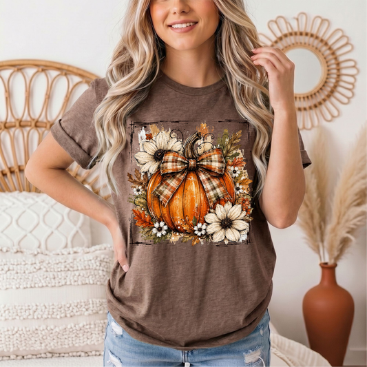 Fall Pumpkin Floral & Plaid Bow Graphic Tee