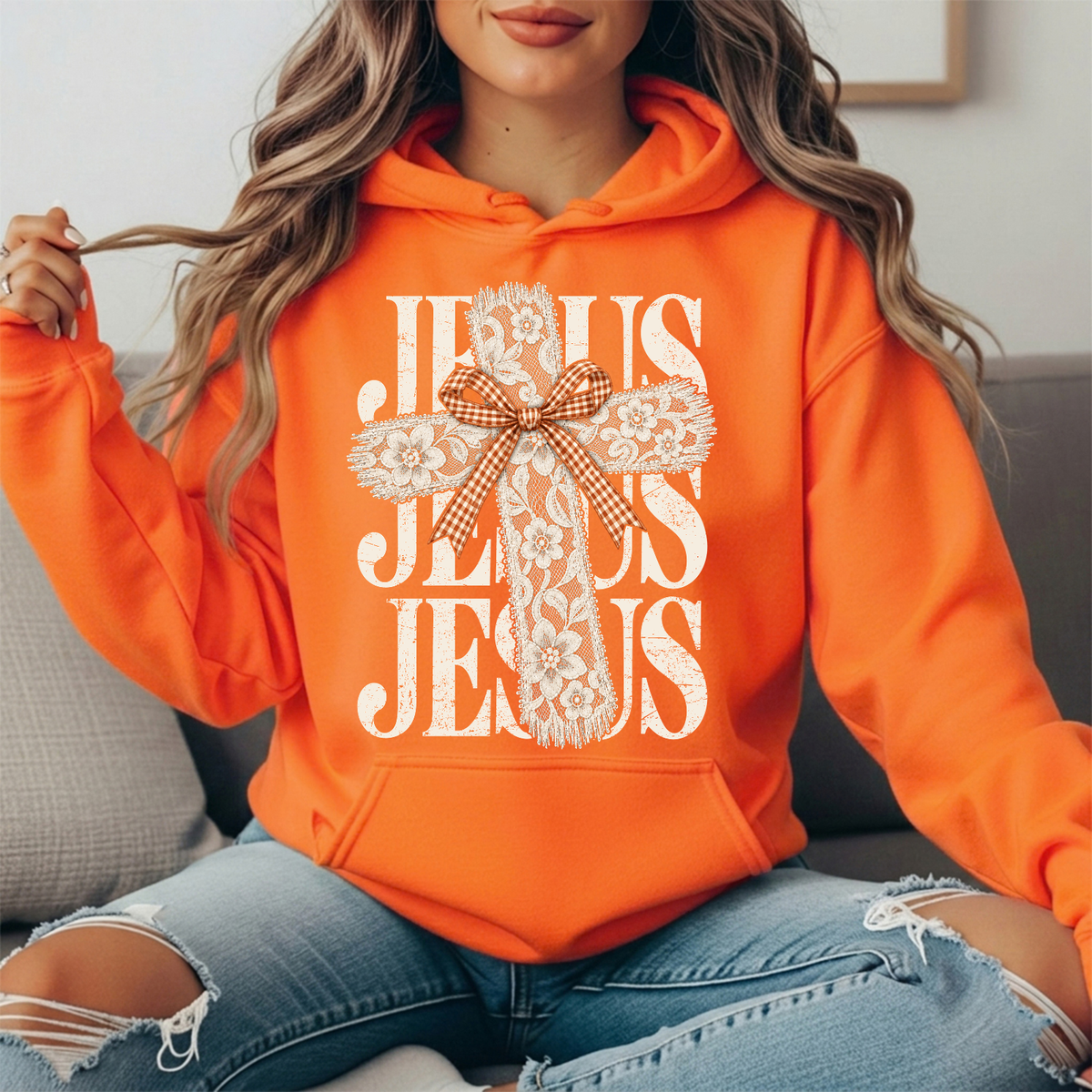 Jesus Floral Lace Cross & Gingham Bow Graphic Hoodie