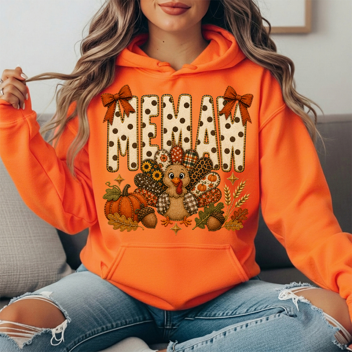 Memaw Thanksgiving Turkey & Rust Bows Graphic Hoodie