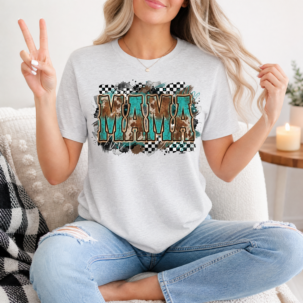 Western Mama Turquoise & Checkerboard Graphic Tee