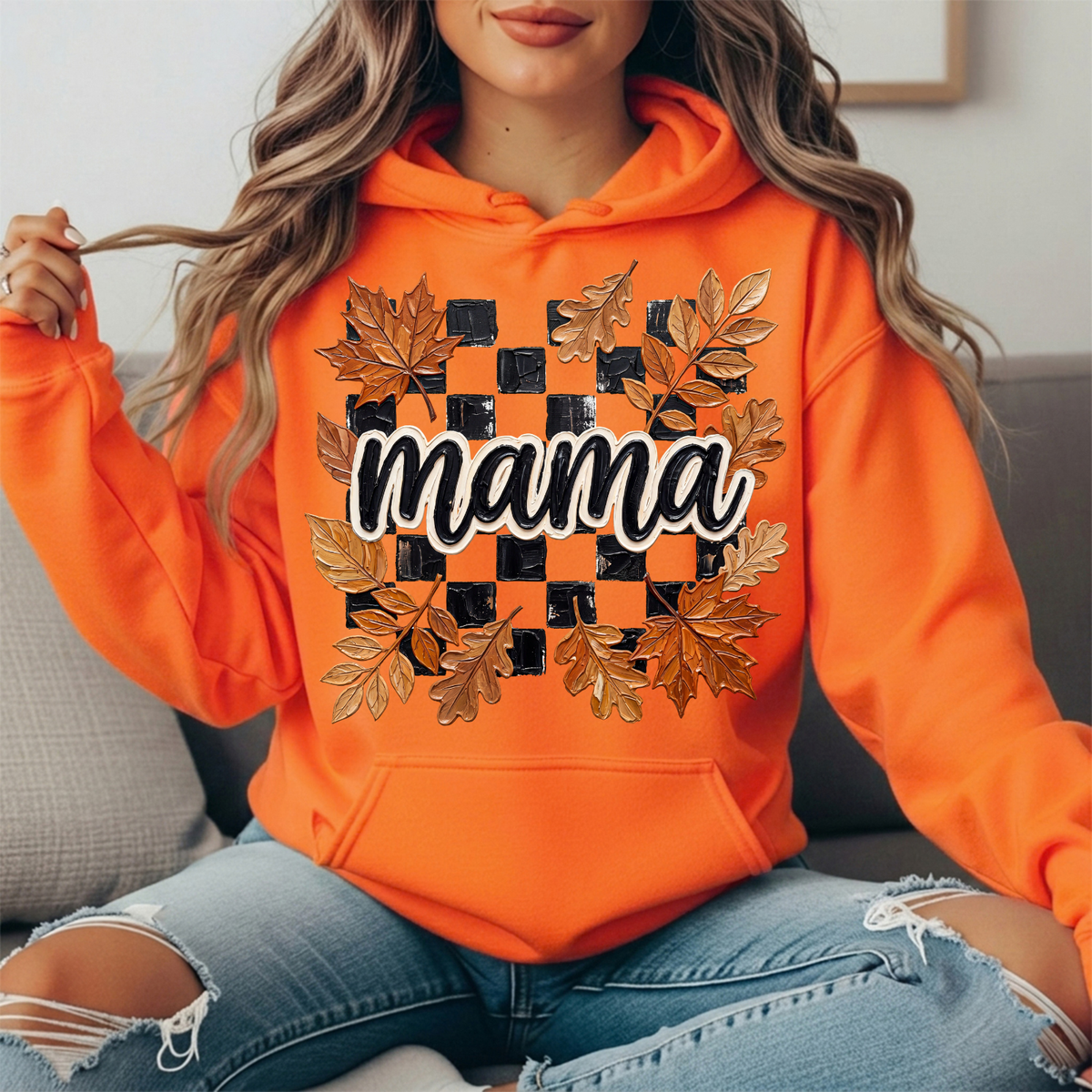 Mama Fall Leaves Checkerboard Graphic Hoodie