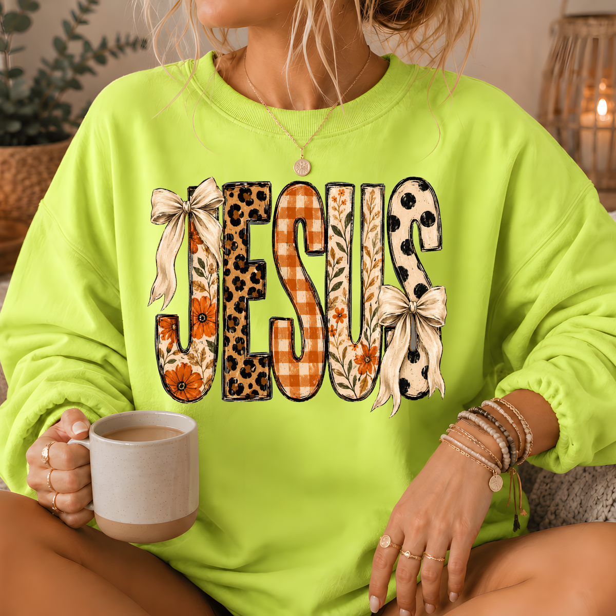 Jesus Mixed Print Bow Crewneck Sweatshirt
