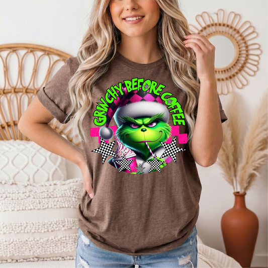 Grinchy Before Coffee Pink Checkerboard Christmas Graphic Tee
