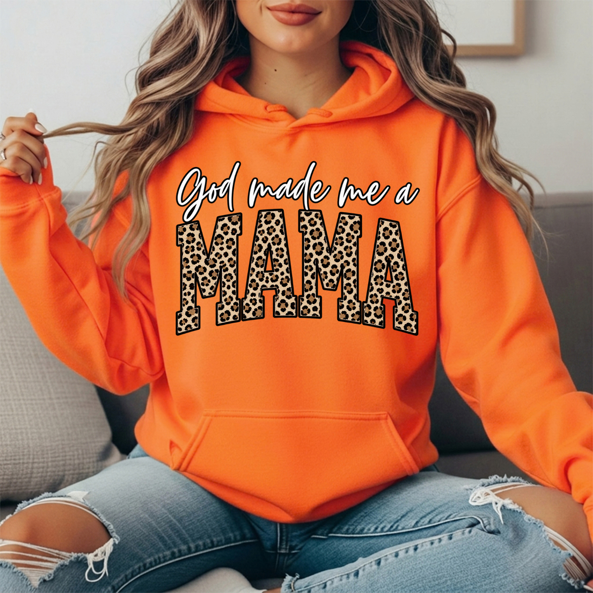 God Made Me a Mama Leopard Print Graphic Hoodie