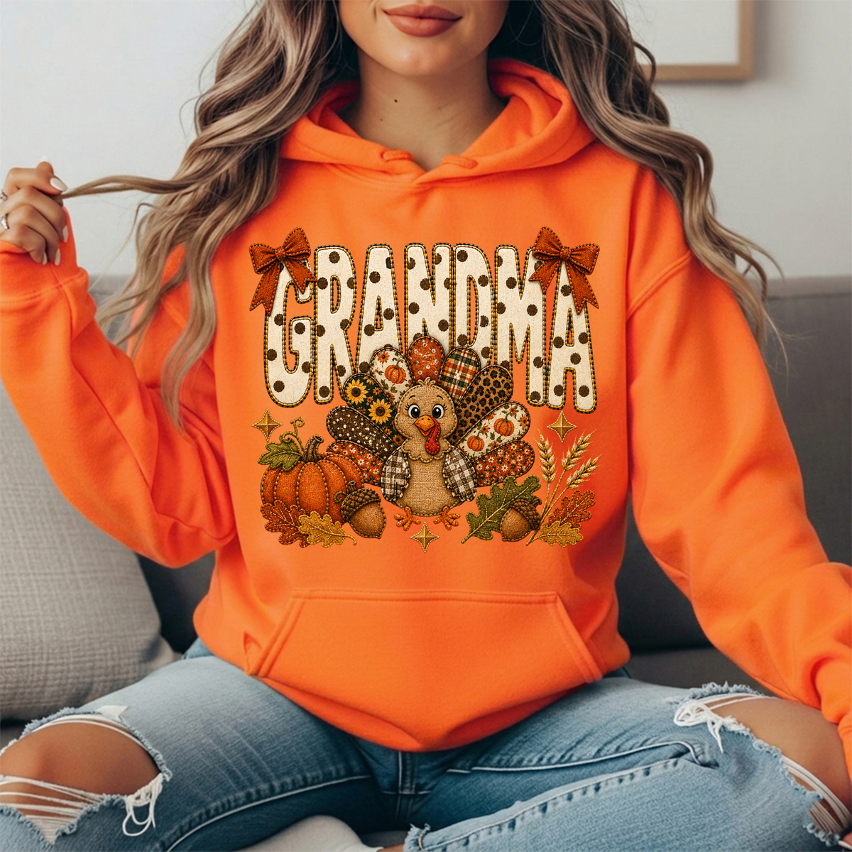 Grandma Thanksgiving Patchwork Turkey Bow Graphic Hoodie