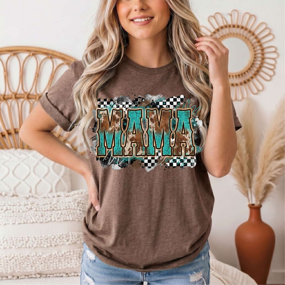 Turquoise & Cow Print Mama Western Graphic Tee