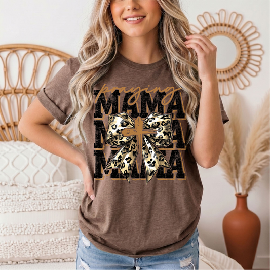 Praying Mama Leopard Bow & Cross Graphic Tee