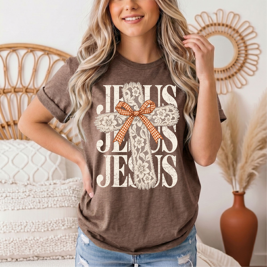 Jesus Lace Cross & Gingham Bow Christian Graphic Tee