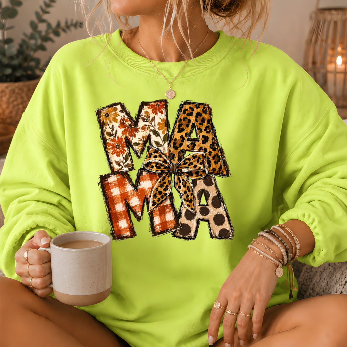 Mama Mixed Print Bow Crewneck Sweatshirt