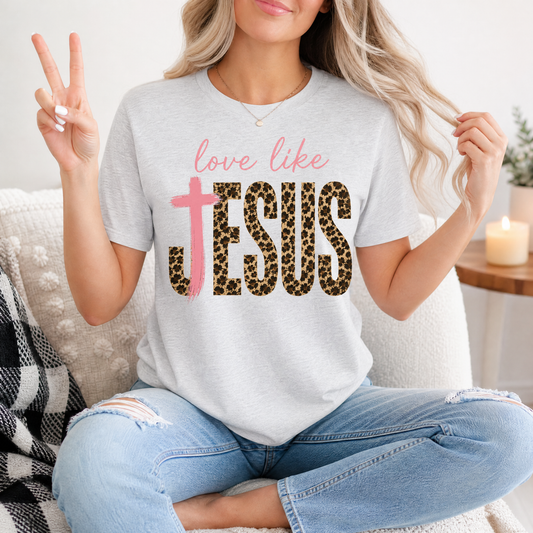 Love Like Jesus Leopard Print & Pink Cross Graphic Tee