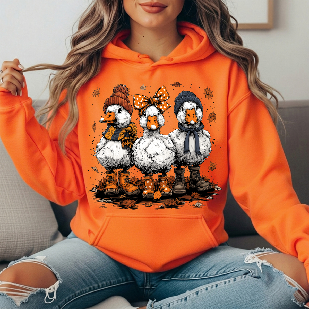 Fall Ducks in Boots & Orange Bow Graphic Hoodie