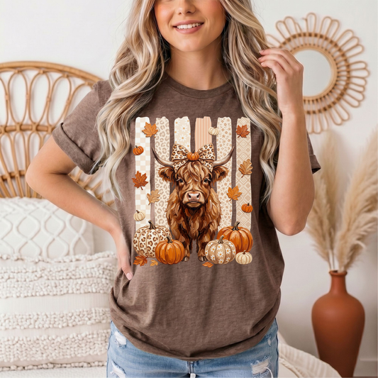Fall Highland Cow Leopard Bow & Pumpkin Graphic Tee