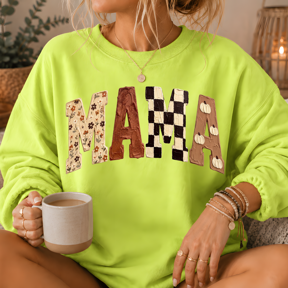 Mama Fall Patchwork Print Crewneck Sweatshirt