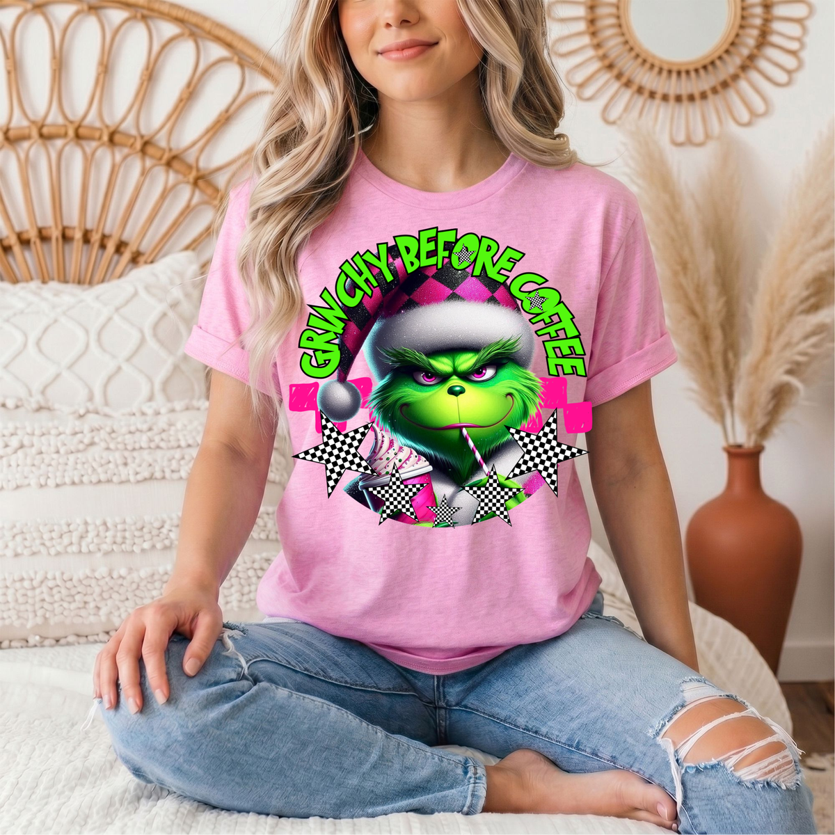 Grinchy Before Coffee Pink Checkerboard Christmas Graphic Tee