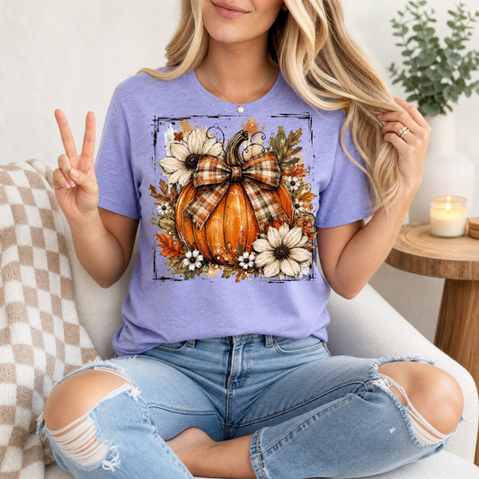 Fall Pumpkin Floral & Plaid Bow Graphic Tee