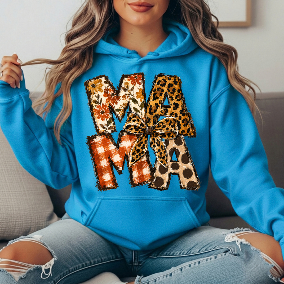 Mama Fall Patchwork & Leopard Bow Graphic Hoodie