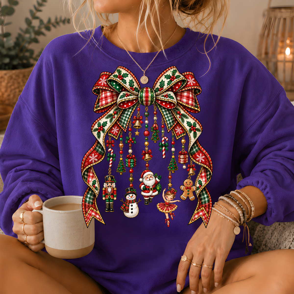 Christmas Plaid Bow Holiday Charms Crewneck Sweatshirt