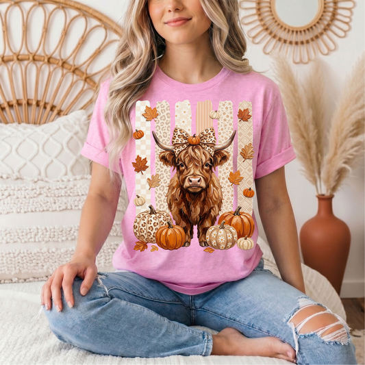 Fall Highland Cow Leopard Bow & Pumpkin Graphic Tee