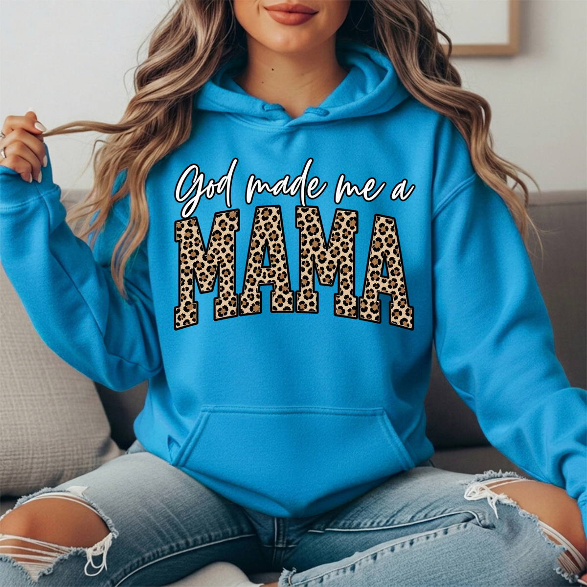 God Made Me a Mama Leopard Print Graphic Hoodie