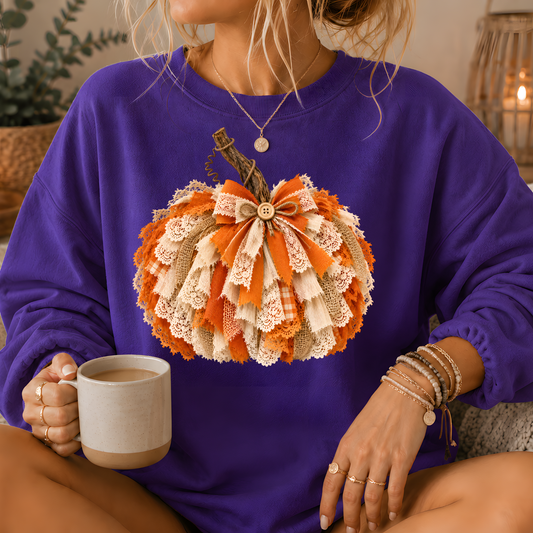 Rustic Lace & Burlap Pumpkin Graphic Crewneck Sweatshirt