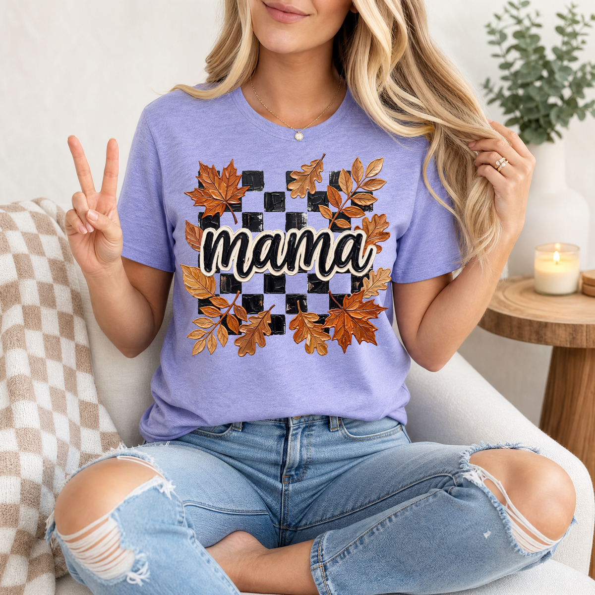 Mama Fall Leaves & Checkerboard Graphic Tee